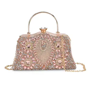 Champagne 3D Peacock Pattern Crystal Clutch Bag with Shoulder Chain Strap