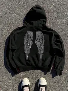 Men's Hoodie Angel Wings Embossed Diamond Pattern, Trendy Fashion Street Dance Rap Casual Comfortable Vintage Style