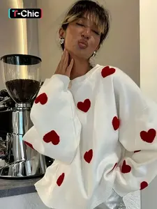 Women's Loose Fit Heart Pattern Drop Shoulder Sweater, Casual Long Sleeve Round Neck Knit Top for Spring & Fall, Fashion Ladies' Knitwear for Daily Wear, Womenswear