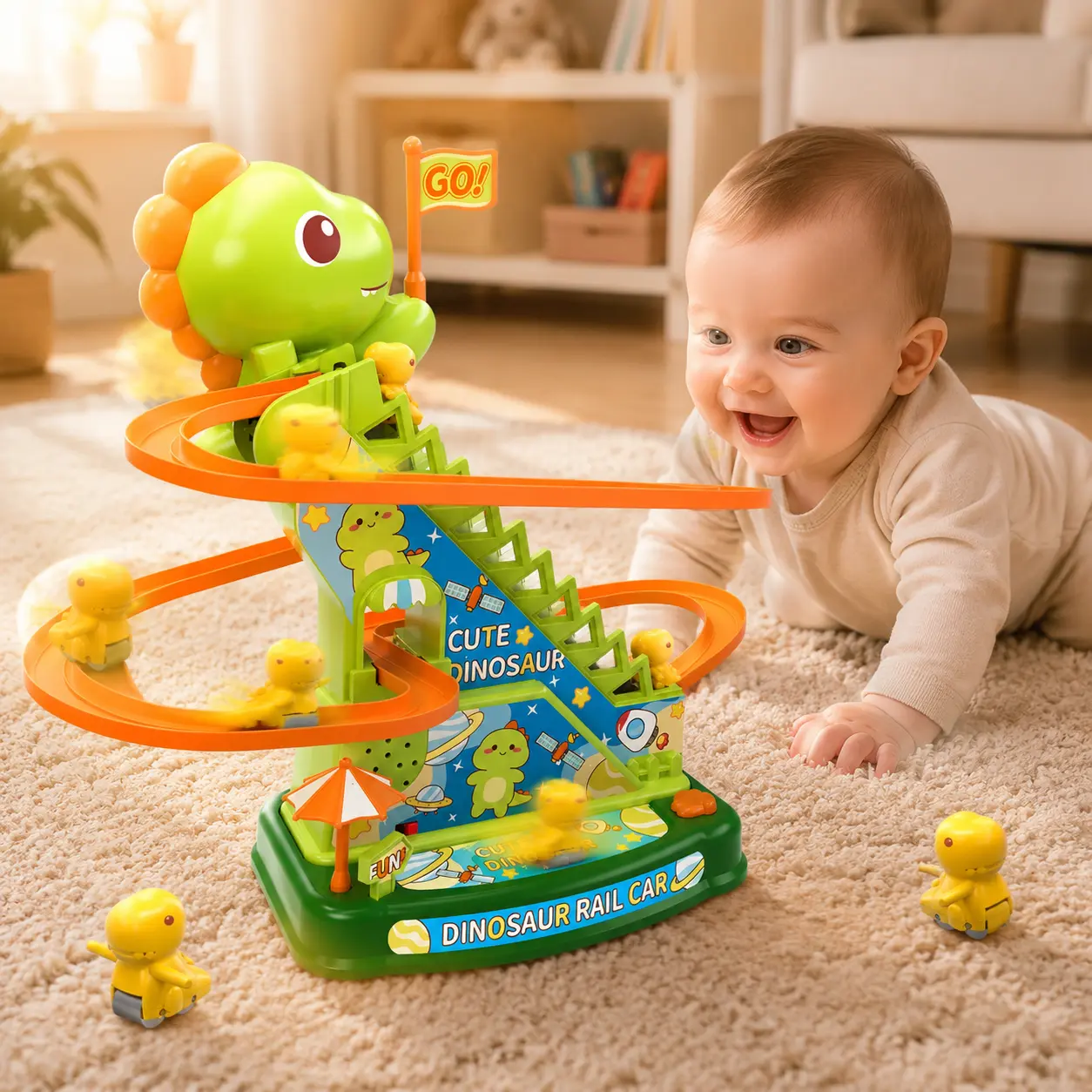 Dinosaur Climbing Stairs Track Slide Toy,Electric Dinosaur Stairs Climbing Slide Toy with 6 Cars Climbing Track Toy for Kids, Fun toys, interactive toys, Christmas gifts,Gift for Boyfriend,dinosaur chase track game, track slide toy, stair climbing toy