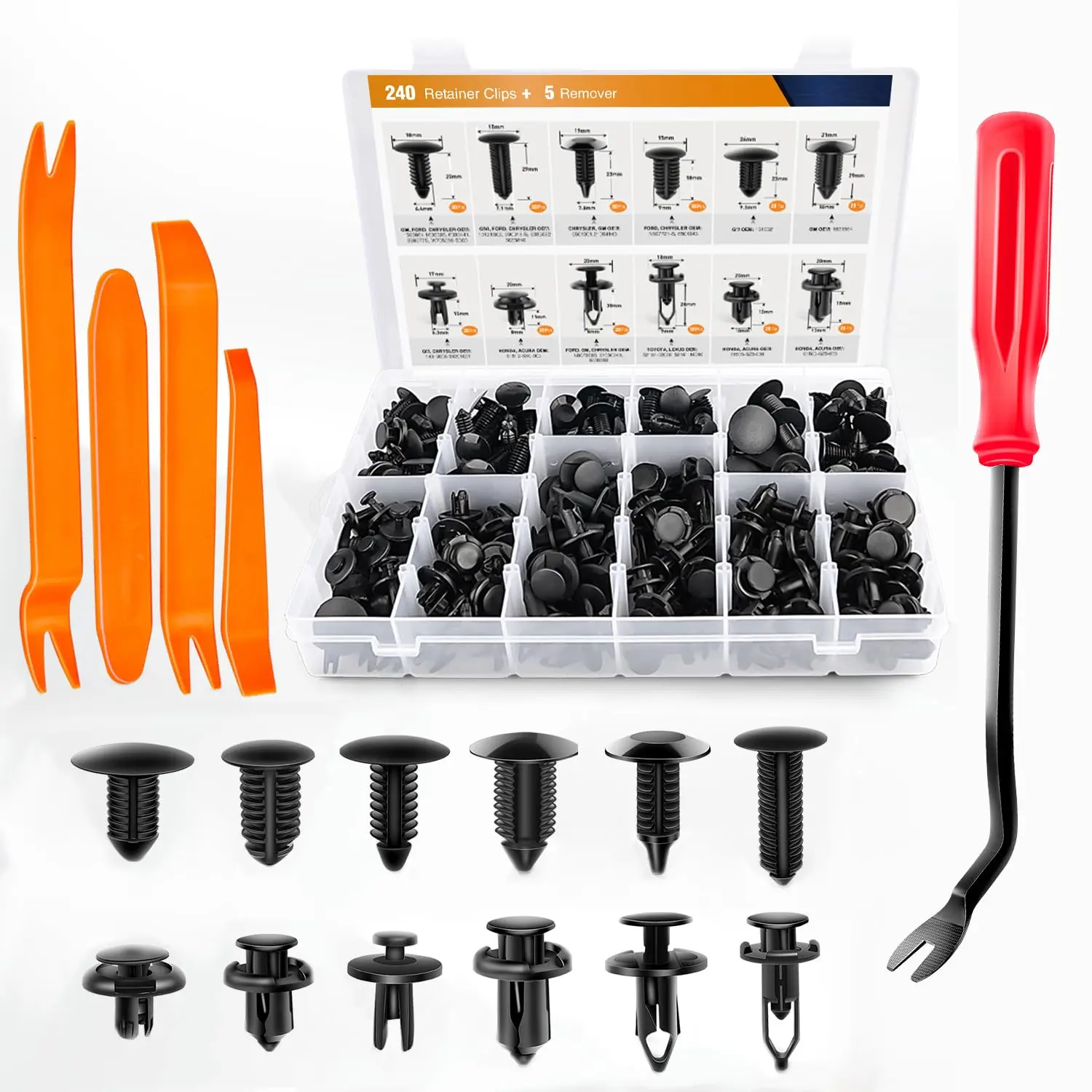 240PCS Bumper Retainer Clips Car Plastic Rivets Fasteners Push Retainer Kit 12 Popular Sizes Auto Push Pin Rivets Set -Door Trim Panel Fender Clips for GM Ford Toyota Honda Chrysler