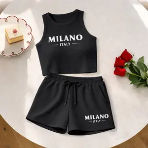 Women's Milano Italy Print Sleeveless Tank Top And Drawstring Shorts Set, Casual Summer Sportswear Two Piece Outfit, Ribbed Knit Tank And Shorts Set For Everyday Wear