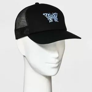 Butterfly Trucker Hat - Black, Adjustable Fit, Mesh Back, Logo Design, Casual Style