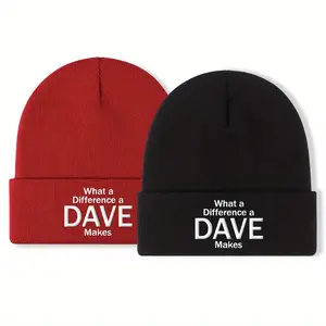 S&T ATHAR DAVE Knitted Hat - Fun "What a Difference a Dave Makes" Text Design, Warm and Soft 100% Acrylic Winter Hat with Rolled Edge Elastic Band, Unisex, Suitable for Men and Women