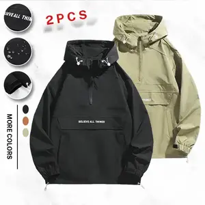 Men's half zip up hoodie jacket with trendy streetwear style waterproof letter print, unisex casual outdoor fashion, available in multiple colors. pocket zipper mens coat clothing windbreaker fit Long Sleeve Stylish Sweatshirts Menswear winter outfits