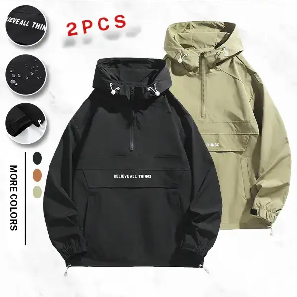 Men's half zip up hoodie jacket with trendy streetwear style waterproof letter print, unisex casual outdoor fashion, available in multiple colors. pocket zipper mens coat clothing windbreaker fit Long Sleeve Stylish Sweatshirts Menswear winter outfits sum