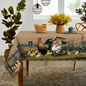 Vintage Rural Style Rooster Tablecloth with Chicken and Farm Patterns, Perfect for Decorating Indoor and Outdoor Gatherings and Family Dinners During Spring and Summer Seasons, Suitable for Celebrations and Holiday Decorations