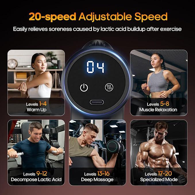 Muscle Massage Gun  with Replacement Heads, Deep Tissue Back Massager with LED Display, 20 Speeds Portable Electric Massage Device Comfort, Gift for Women & Men, Christmas New Year Gift