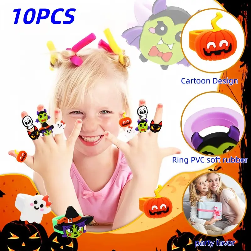 10pcs Halloween Cartoon Ring Set, Jelly Rubber Finger Rings Gift Pack, Perfect for Halloween Decorations and Party Gifts
