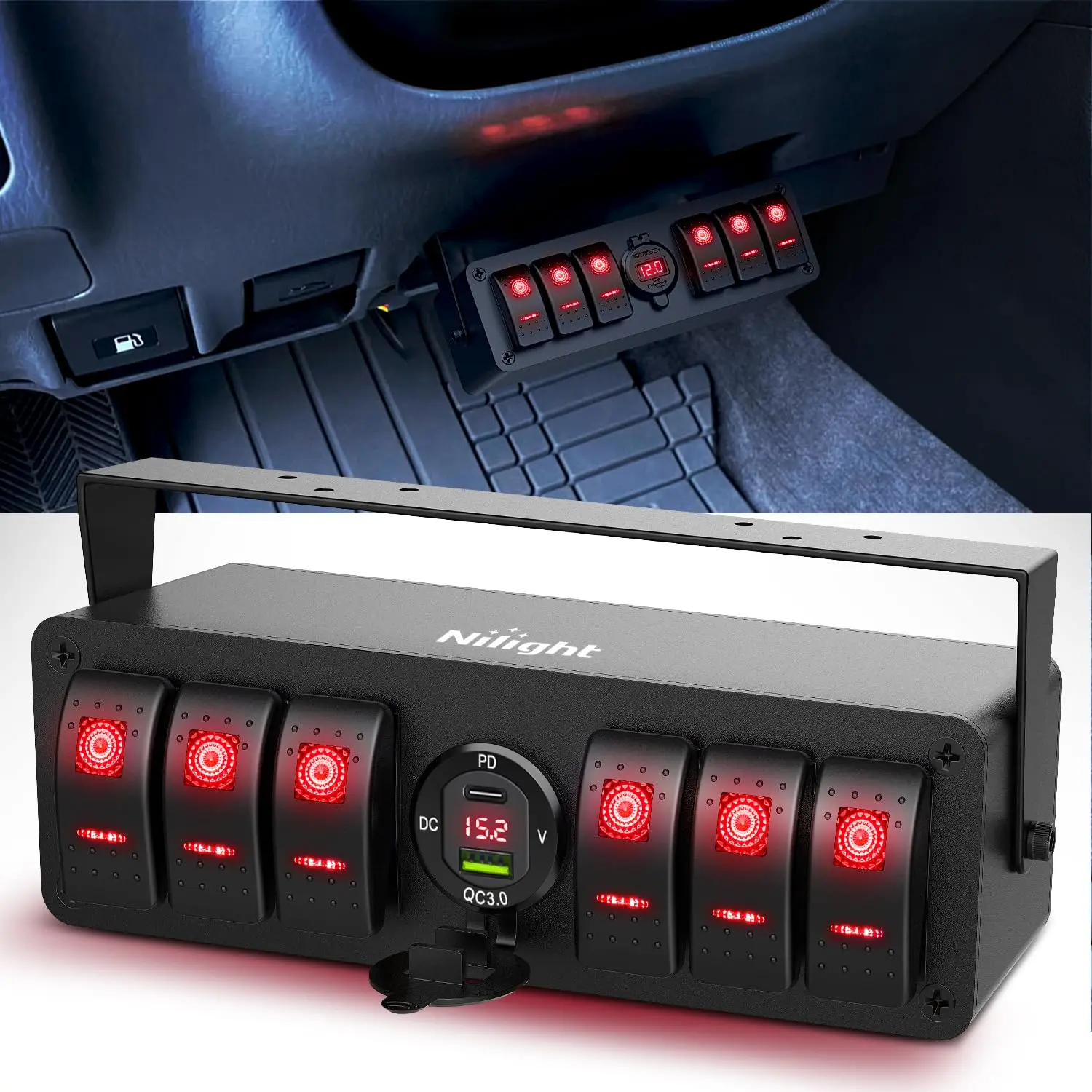 Nilight 6-Gang SPST ON-Off Rocker Switch Box - 12V, Waterproof, PD Type-C & QC 3.0 USB Charging, Voltmeter, LED Light, Aluminum-ABS-PC Mount Bracket Panel with DIY Stickers for Boat, RV