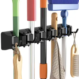 Lifewit Broom Mop Holder Wall Mounted 5 Slot 6 Hooks, Utility Room Storage for Broom Cupboard Kitchen Bathroom Garage and Garden Tool Organiser