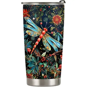 20oz Dragonfly Coffee Cup, Dragonfly Gifts for Dragonfly Lovers, Colorful Mosaic Dragonfly Tumbler Cup, Stainless Steel Coffee Thermos Insulated Travel Mug with Lid - I
