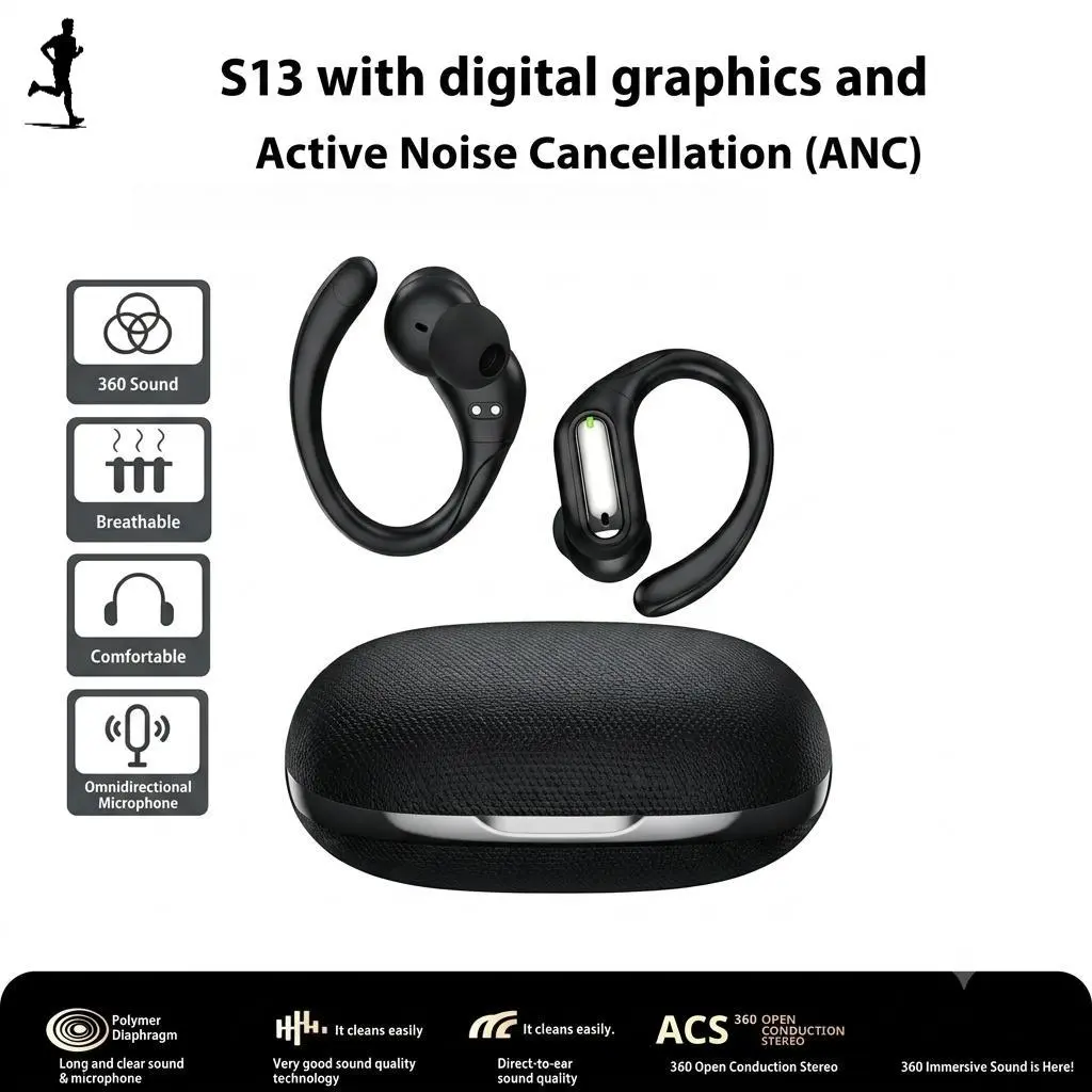 New mode l S13 wireless Bluetooth earphones, ultra-realistic sound, IPX5 sweat protection, suitable for exercise and work. Headphones with ANC smart noise cancellation technology, Competitive Gaming, Call Support, Music, Sports.