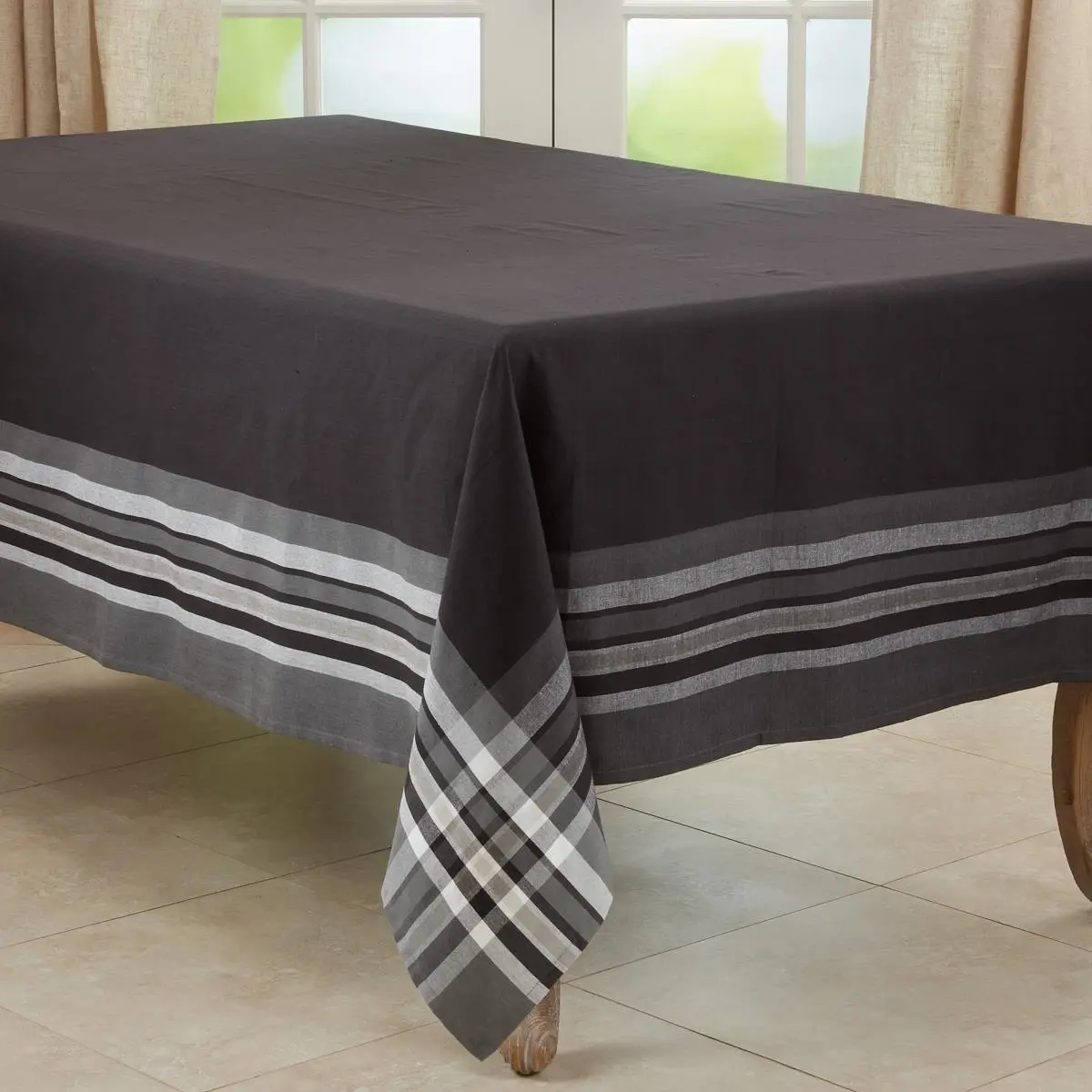 70 x 104 in Cotton Striped Border Oblong Tablecloth, Black, Durable, Machine Washable Kitchen Linen