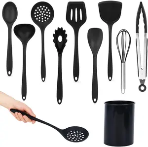 Silicone Cooking Utensils Set - 446°F Heat Resistant Kitchen Utensils Set, 10PCS Kitchen Gadgets with Hanging Hole for Nonstick Cookware, Dishwasher Safe, Black