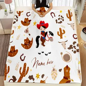 1 Personalized Cowboy Horse Cartoon Super Soft Flannel Blanket - Rustic Western Style Cactus, Horses And Stars Pattern, All Seasons Multi-Purpose Bed Sofa Car Seat Cover Blanket - Customizable Name, Fun Home Decor, Vibrant Color Design