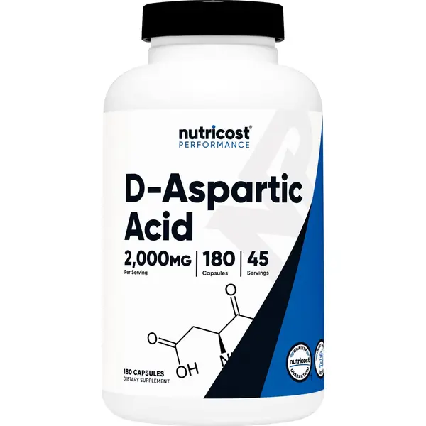 Nutricost Edible D-Aspartic Acid (DAA) Dietary Supplement Capsules - 2000mg Per Serving, 180 Count, Athletic Fitness Support