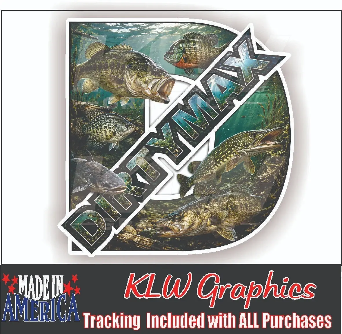 Dirtymax D Fish Full Color Decal Sticker Bass Pike Walleye Catfish Fishing Truck Window