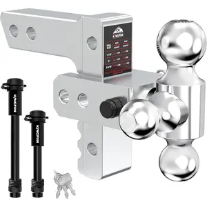 Kingfun Adjustable Trailer Hitch - Drop Hitch Fits 2 Inch Receiver, Tri Ball (1-7/8", 2", 2-5/16") 6 Inch Drop/Rise, 12500 LBS GTW Aluminum Heavy Duty Tow Hitch with Anti-Theft Pin - (Silver)