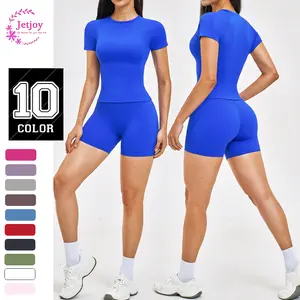 Jetjoy Women 2 Piece Workout Sets, High Waisted Tummy Control Biker Shorts+ Short Sleeve T-Shirts Tank Top Two Piece Lounge Sets Casual Summer Outfits 2 Piece Short Matching Clothing Set,summervibes,Summeroutfit