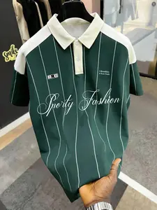 Men's Summer Casual Deep Striped Brooklyn Ny Sports Fashion Letter Logo Print Polo Shirt, Vintage Street Style Loose Fit Short Sleeve