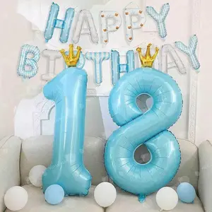 14pcs 40-Inch Crown Pearl Blue Number Balloons, Birthday Happy Letter Set, Blue Print Birthday Balloons, Party Decoration