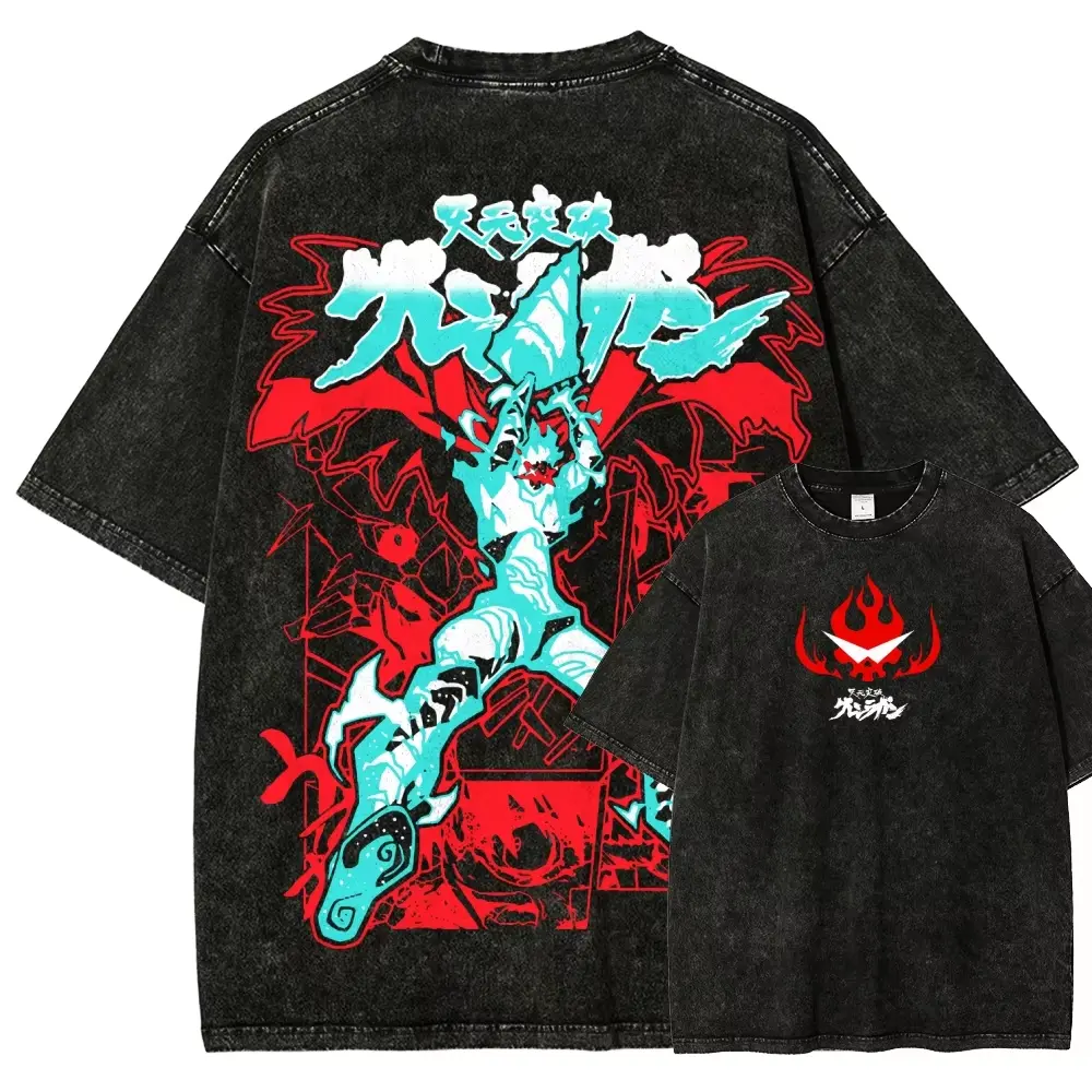 Men's Tengen Toppa Gurren Lagann Graphic Anime Artwork Tee - Vintage Washed, Short-Sleeve, Loose-Fitting, Round Neck, Casual Street Fashion, Available in 2XL, 3XL, Unisex Harajuku T-Shirt