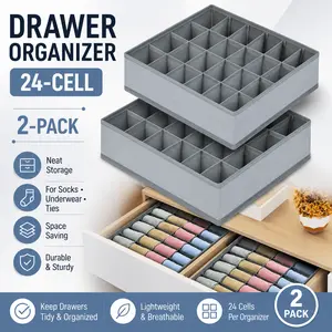 Lazebox Sock Drawer Organizer Divider, 2 Pack 24 Cell Grey Closet Storage Organizer, Space Saving, Foldable & Easy Install Multi-Grid Design, Breathable Underwear Holder for Neat Drawer Arrangement, Versatile Storage Solution for Socks, Underwear, Handker
