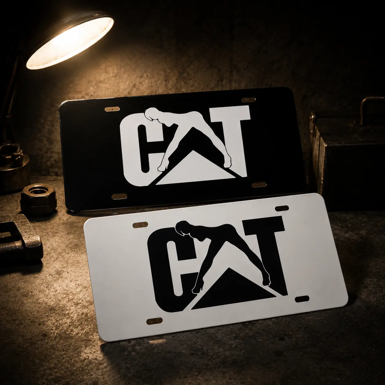 CAT Girl Black/WhiteLicense Plate, Truck Tag, Heavy Equipment Lover Gift, Car Accessory