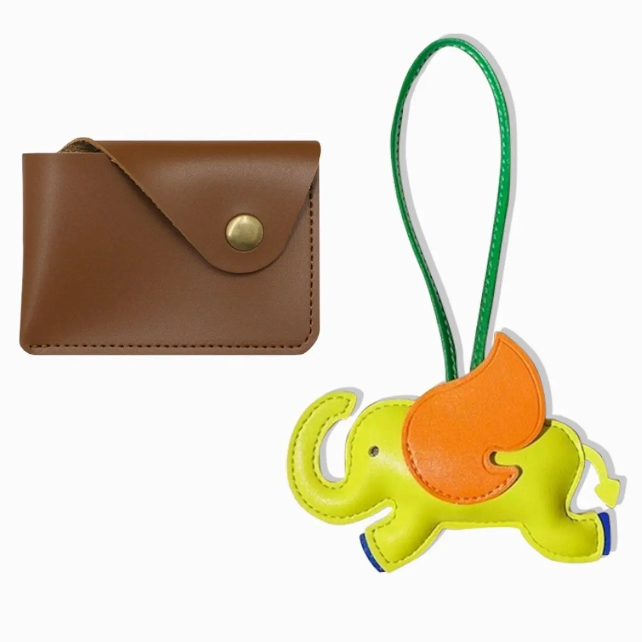 Leather Card Holder And Elephant Key Charm Set, Minimalist Brown Wallet With Decorative Bag Accessory, 2 Piece Gift Set