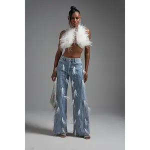 SHAKE IT FOR ME GIRL WHITE FEATHER EMBELLISHED DENIM