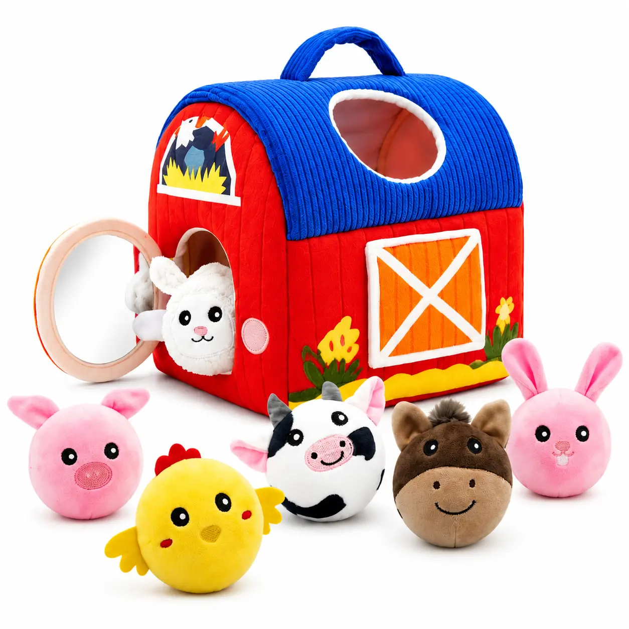 Montessori Sensory Barn Toy Set for Babies - Soft Plush Farm Animals with Crinkle, Squeak, Mirror | Fine Motor Skills Educational Stuffed Toy, Baby Items, Sensory Products