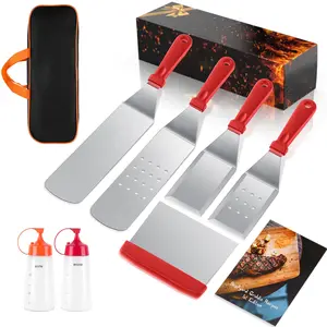 Griddle Accessories Kit, Exclusive Griddle Tools Spatulas Set for Blackstone - 8 Pcs Commercial Grade Flat Top Grill Accessories - Great for Outdoor BBQ, Teppanyaki and Camping, Red Plastic Stainless