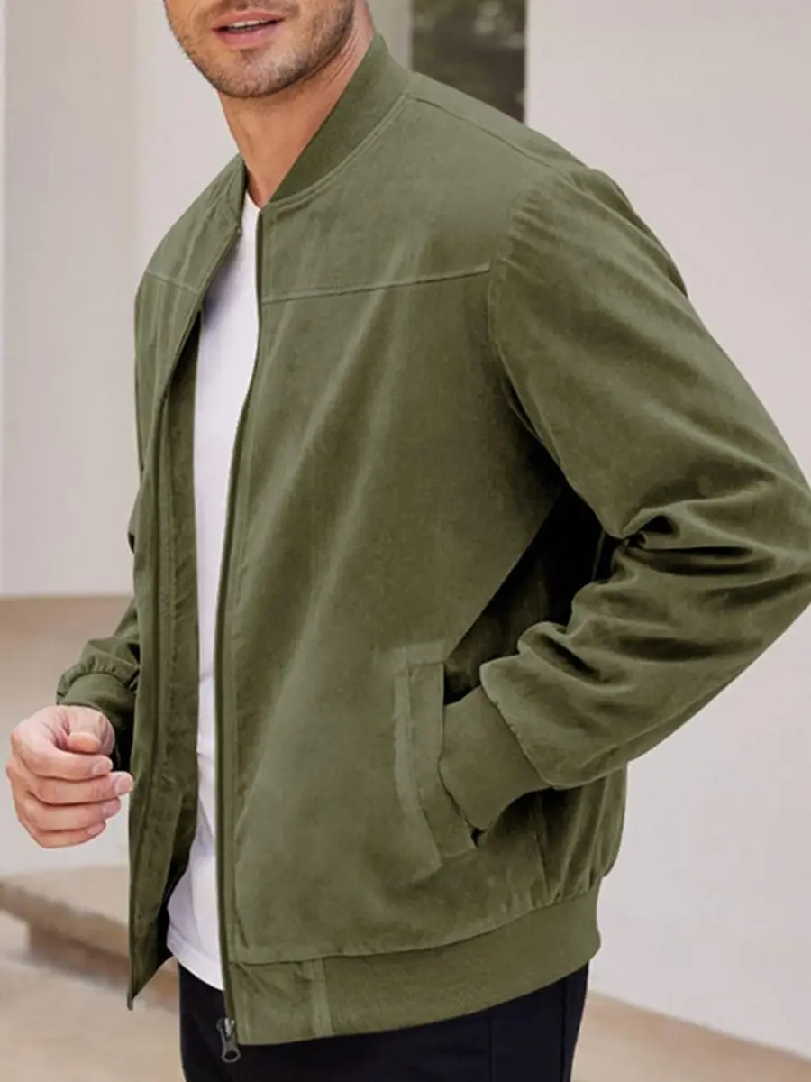 Men's Matte Faux Suede Fabric Jacket, a Lightweight Stand Collar Menswear Coat in Olive Green for Office, Pairs with Jeans, Tops, Matching