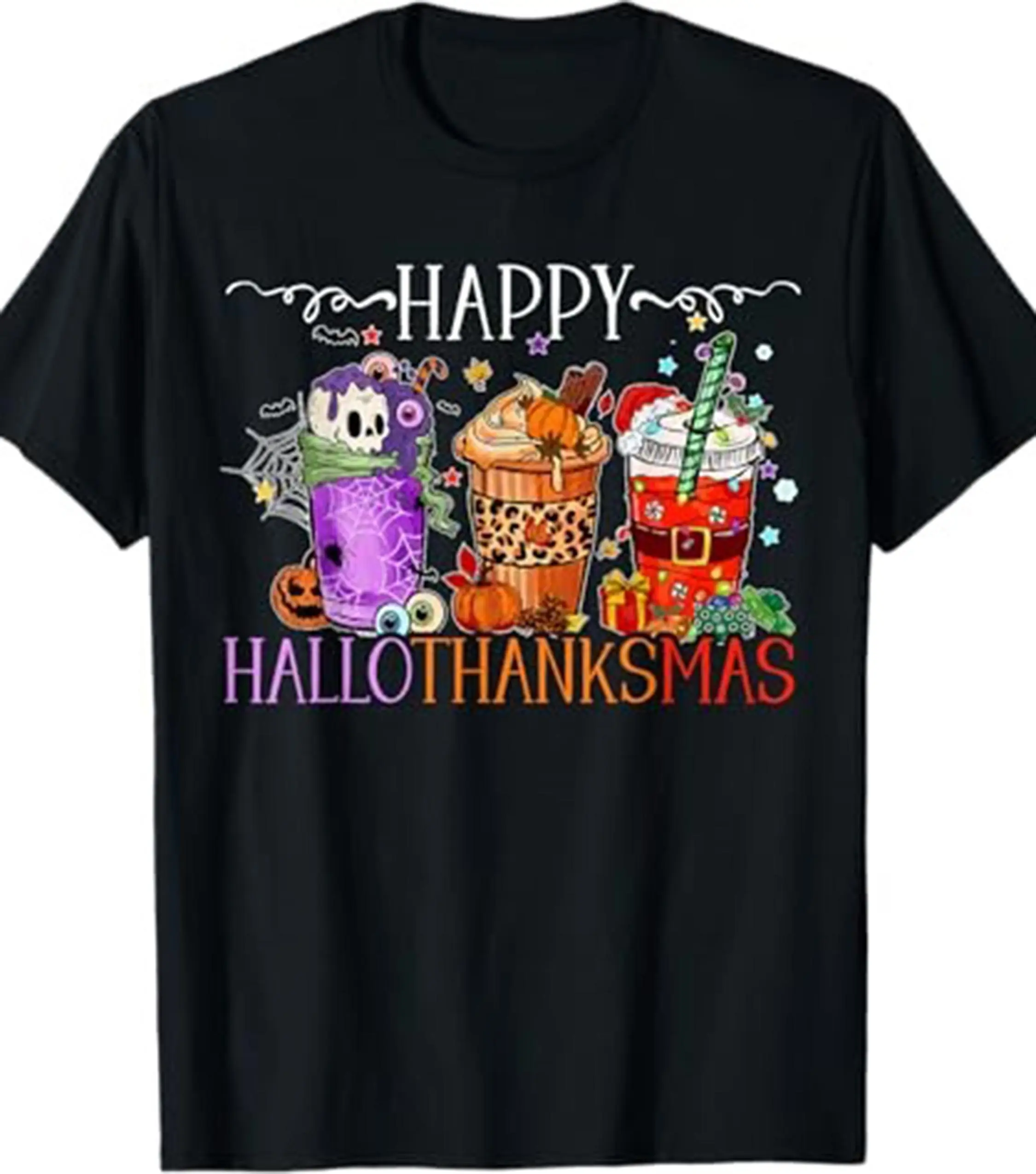 Happy Hallothanksmas Christmas T-Shirt for Men, Soft Cotton Crew Neck All Seasons Shirt - Womenswear, Top Classic Day Festive Matching