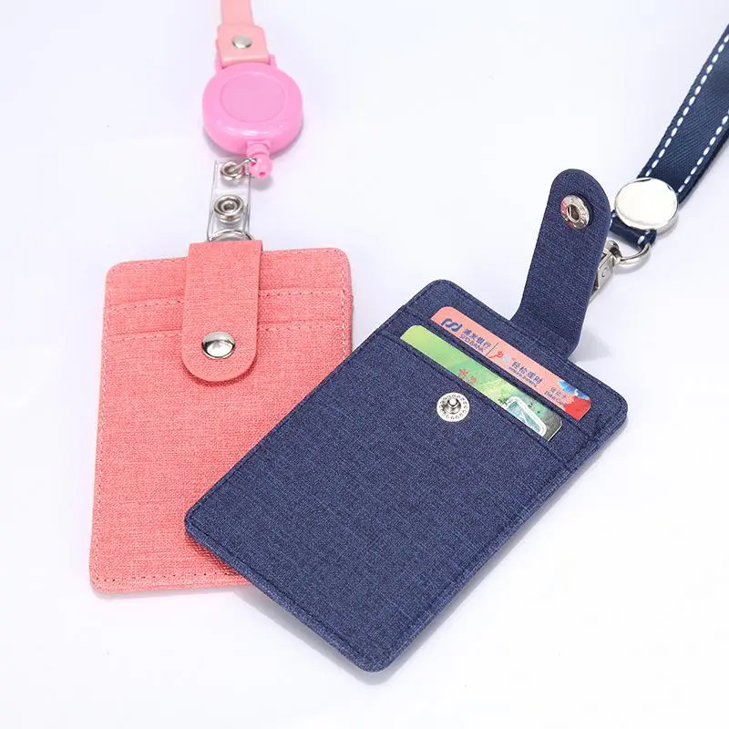 Retractable ID Badge Holder with Lanyard - Clip-On PU Leather ID Reel, Adjustable Neck Strap, Extra Card Slot, Durable for Office Use (Black, Blue, Pink, Red)