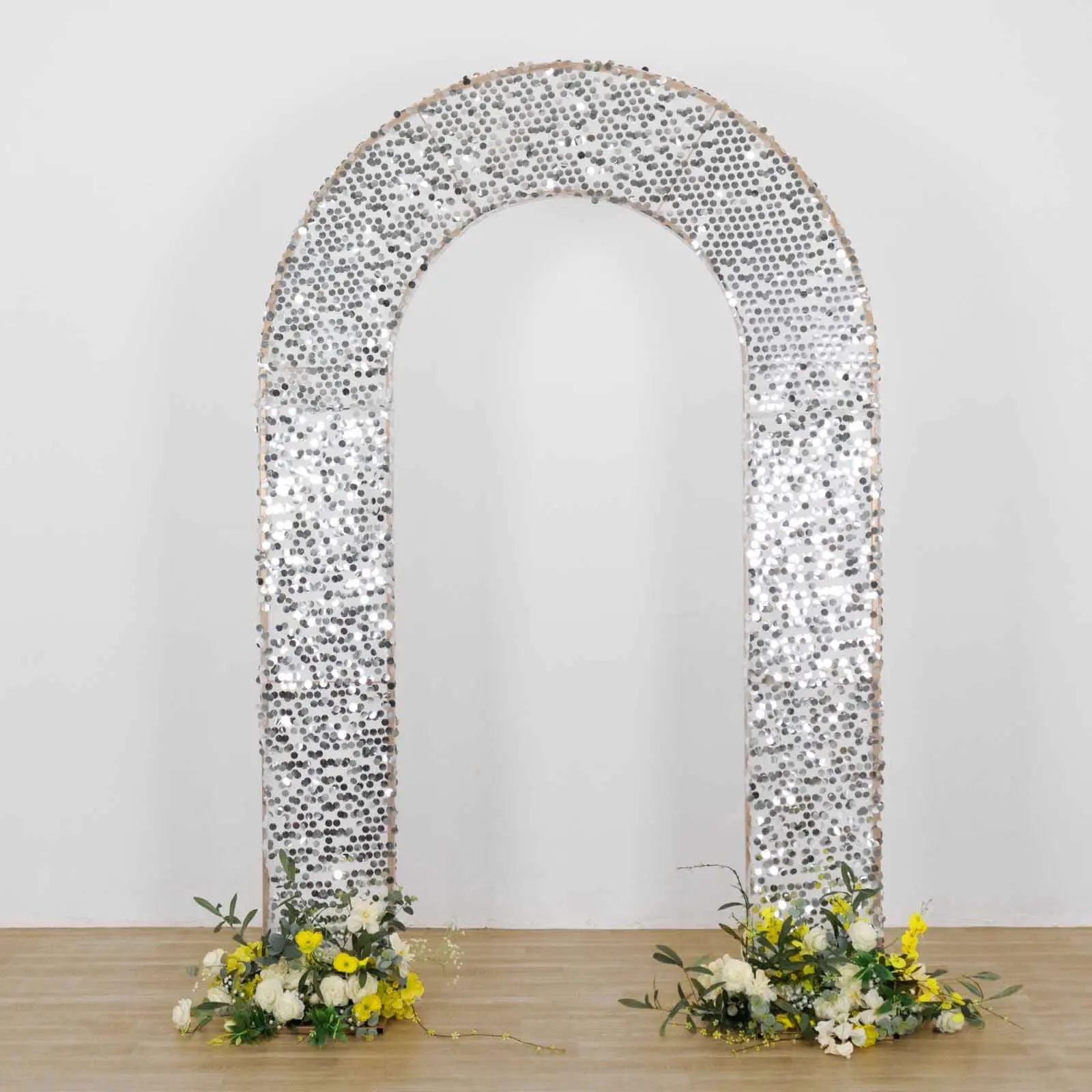 8ft Silver Big Payette Glitter Sequin Arched Backdrop Cover - U-Shaped Fitted Sparkly Backdrop Decoration for Birthday Party, Shopping Mall Event