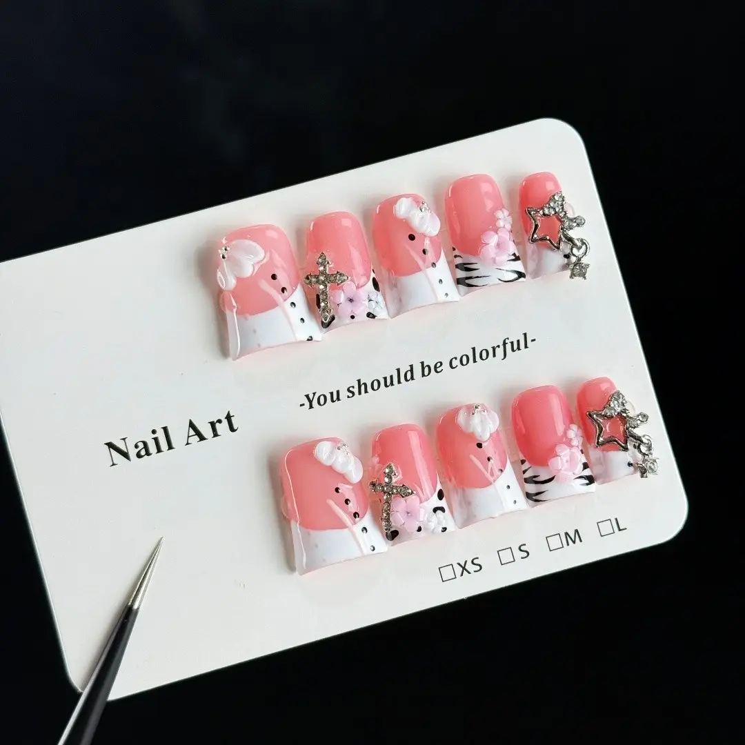 10pcs Sweet and cool girl style, hand-painted zebra pattern, three-dimensional embossing, sparkly diamonds handmade fake nails, Decorative nails, Summer nails, Nail Art, Nail Design, Ideal for spring outings