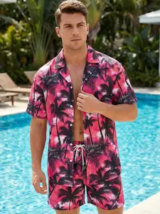 Men's Vacation Swimwear Set, Manfinity Two-Piece Fitted Swimsuit, Short Sleeve Top & Shorts, Tropical Digital Print Design, Casual Wear