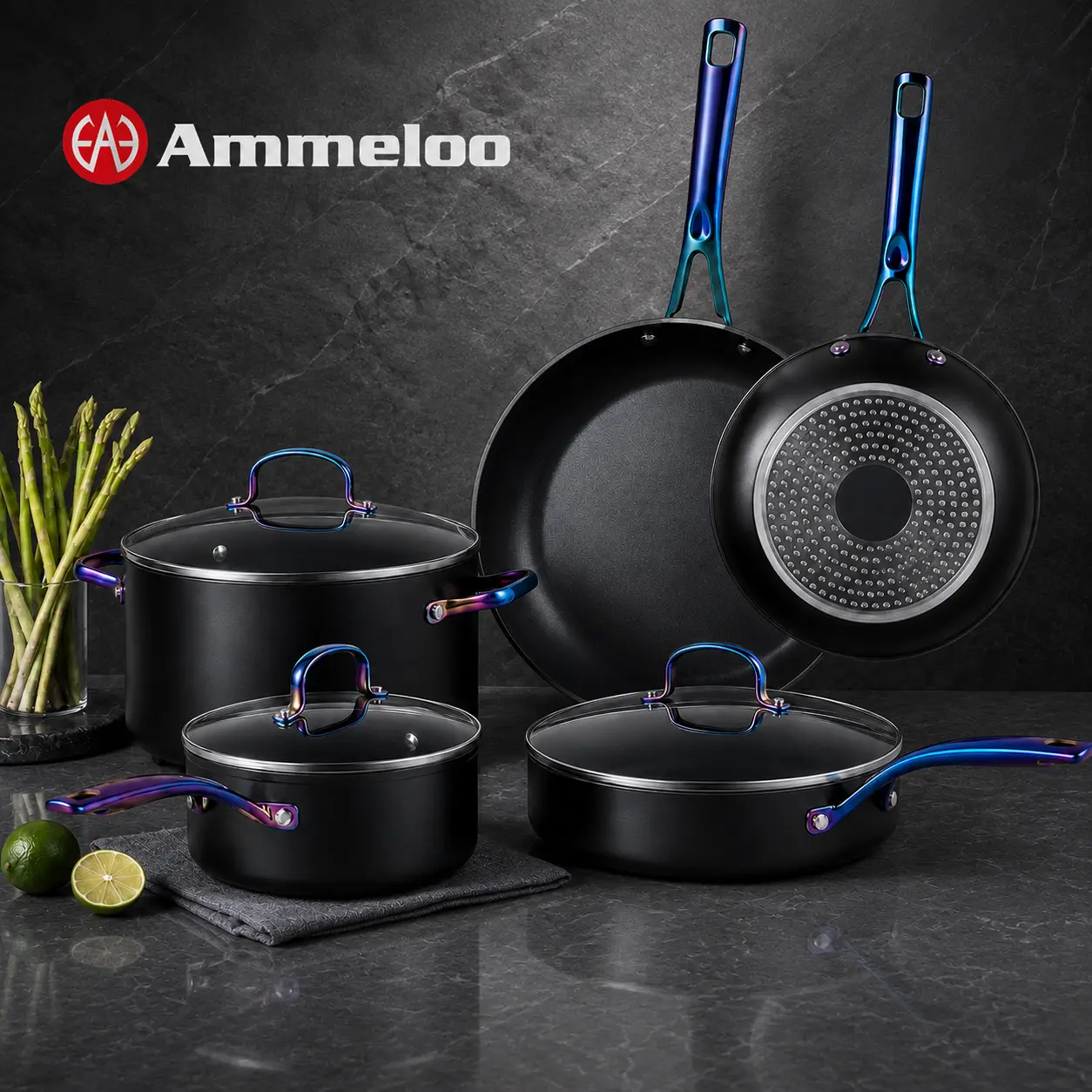 Ammeloo 17-Pc Pots and Pans Set Nonstick, Ceramic Cookware Set with Colored Stay-Cool Handles, Non-toxic Kitchen Cooking Set PFOA/PFOS-Free, Complete Nonstick Cookware Set, Induction Ready All Stovetops, Oven & Dishwasher Safe Kitchenware
