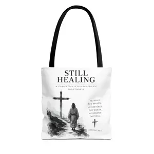 Still Healing Christian Tote Bag | Faith Scripture Cross Design