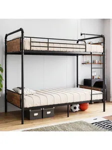 WhizMax Vintage Twin Over Twin Metal Frame Bunk Bed for Kids, Heavy-Duty Convertible Bed with Guardrail, Ladders, Wood Accents, Noise-Free, No Box Spring Needed (Brown/Black)