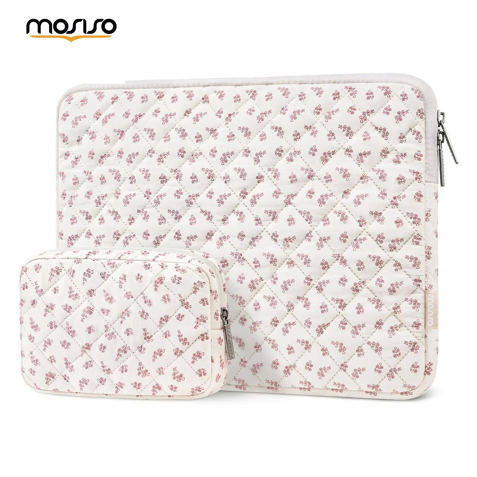 MOSISO 13.3-16 Inch Puffy Laptop Sleeve with Small Pouch, Quilted Floral Laptop Case with Cute Blossom Design, Protective Computer Bag Compatible with MacBook Air Pro, HP Dell Lenovo ASUS, Pink