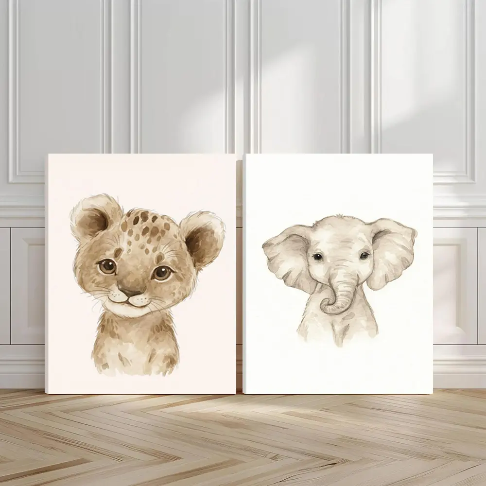 2pcs Adorable Safari Wall Art, Baby Leopard Poster, Charming Elephant Art Prints, Playful Home Decor, Modern Wall Paintings, Minimalist Canvas Posters Wall Arts, Decor for Living Room, Restaurant, Kitchen, Bedroom, Housewarming Gift, With Frame
