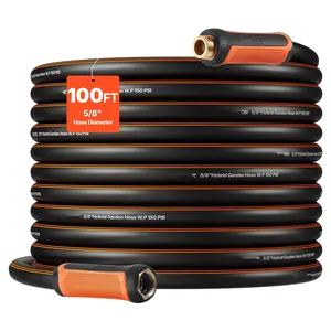 Water Hose 100 Ft 5/8-In Heavy Duty 4-Layer Rubber Water Hose With 150 PSI Working Pressure And 600 PSI Burst Rating, Flexible Non-Kink Outdoor Water Hose With 3/4-In Fittings, Lightweight For Gardening And Cleaning