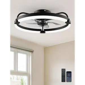 Ceiling Fans with Lights and Remote, 20'' Low Profile Ceiling Fan Flush Mount, APP Control, 6 Speed, 3CCT, Quiet Reversible DC , Dimmable Modern Ceiling Fan with Light for Bedroom, Black