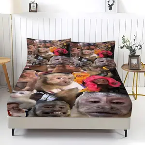 3Pcs Fun Monkey Emoji Print Fitted Sheet Set, Monkey Pattern Bedding Set, Includes 2 Unfilled Pillowcases, Multiple Sizes Available, Good Support, A Top Choice for Holiday Gifts, Bed Sheets Set