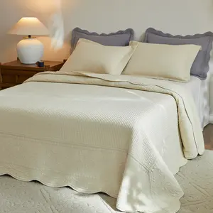 3-Pcs Luxury Cotton Oversized Quilt Bedspread Set Cozy Soft Bed Coverlets Set With Scallop Edges