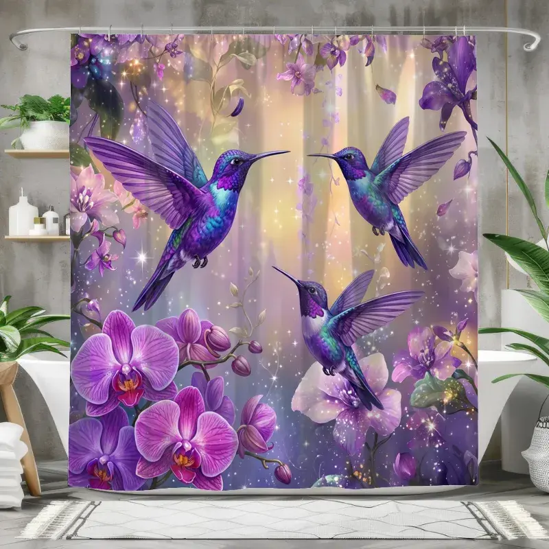 Dreamy purple hummingbird orchid shower curtain set, waterproof shower curtain with 12 hooks, non-slip bathroom carpet, toilet U-shaped cushion, toilet seat cover cushion, bathroom decoration, bathroom shower curtain set, perfect mobile gift