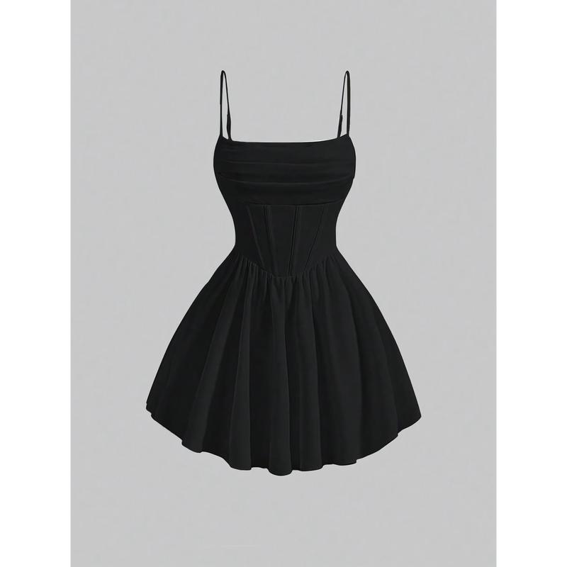 Fashion Dress Solid Color Ruched Back Zipper Strap Dress Casual Womenswear White Formal nadia  outfit